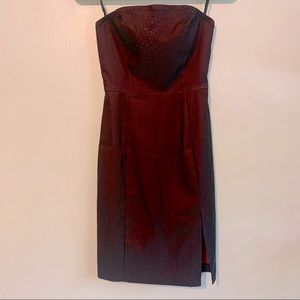 Rampage dark maroon strapless dress with rhinestones on front and side slit